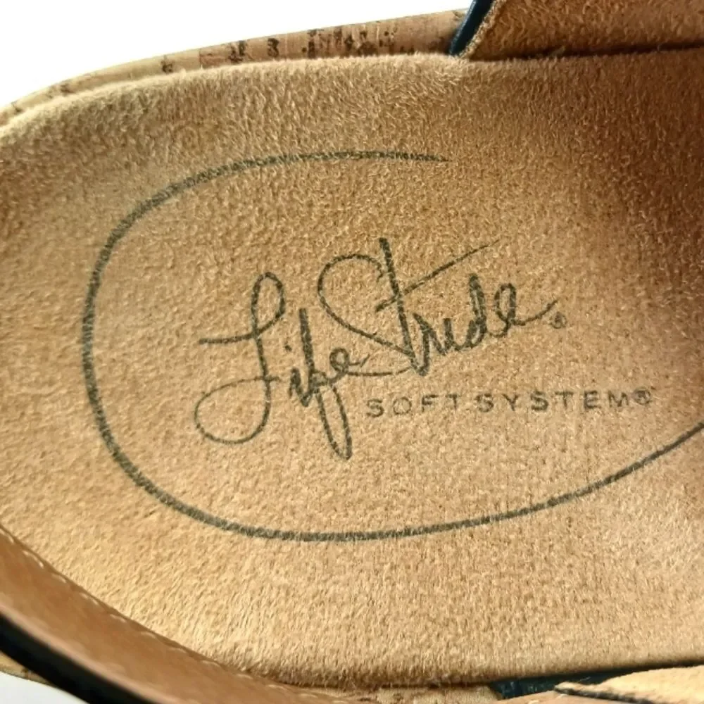 Life Stride Wyonna Low Profile Cork Wedge 3 Band Active Arch Black Womans 9.5.